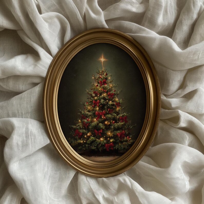 vintage christmas tree print, traditional holiday wall art, classic christmas decor print, festive christmas tree painting, vintage christmas home art, elegant holiday wall decor, red bow christmas tree artwork, cozy christmas wall print, christmas tree oil painting style, nostalgic christmas home decor, christmas tree with lights art, classic festive holiday print, warm christmas living room art, christmas tree illustration wall art, elegant vintage holiday print, winter holiday home decor