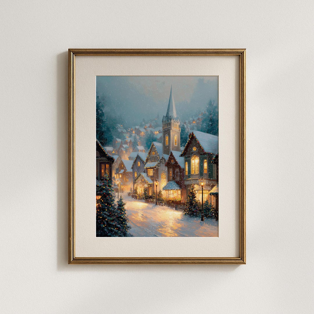 Vintage Snowy Christmas Village Art Print, Cozy Winter Town Scene With ...