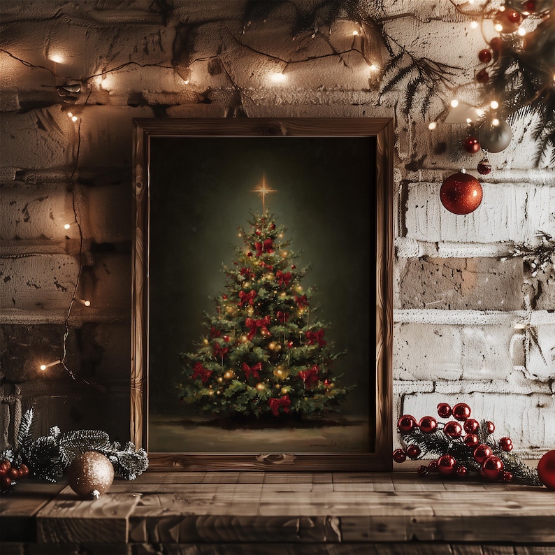 vintage christmas tree print, traditional holiday wall art, classic christmas decor print, festive christmas tree painting, vintage christmas home art, elegant holiday wall decor, red bow christmas tree artwork, cozy christmas wall print, christmas tree oil painting style, nostalgic christmas home decor, christmas tree with lights art, classic festive holiday print, warm christmas living room art, christmas tree illustration wall art, elegant vintage holiday print, winter holiday home decor