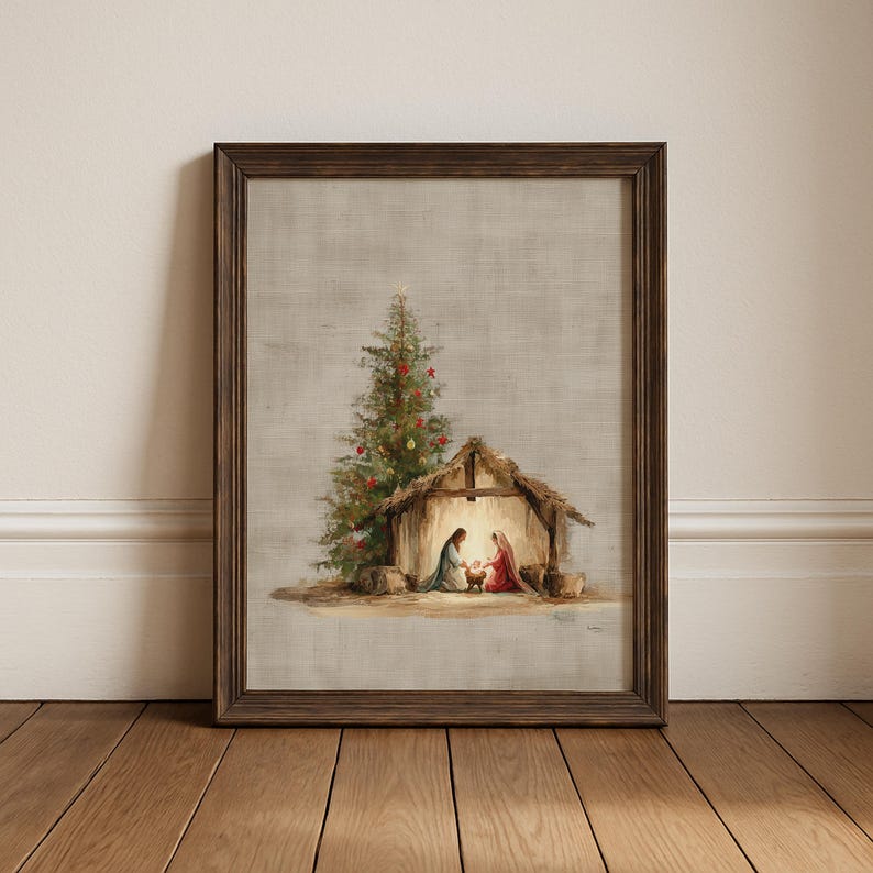 Nativity Scene Wall Art Print – Holy Family Christmas Artwork With Tree ...