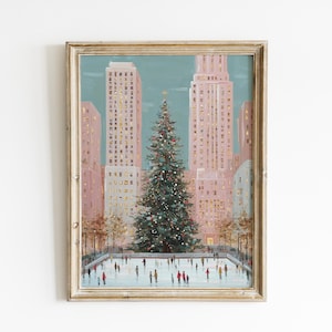 christmas in the city wall art print, rockefeller christmas tree painting, holiday ice skating scene artwork, new york city christmas wall decor, festive winter cityscape art print, christmas tree and ice rink illustration, urban christmas holiday decor print, winter wonderland city wall art, cozy festive city christmas artwork, new york holiday season painting, skating rink christmas tree art print, christmas city skyline wall decor, modern christmas home decor artwork, downtown holiday
