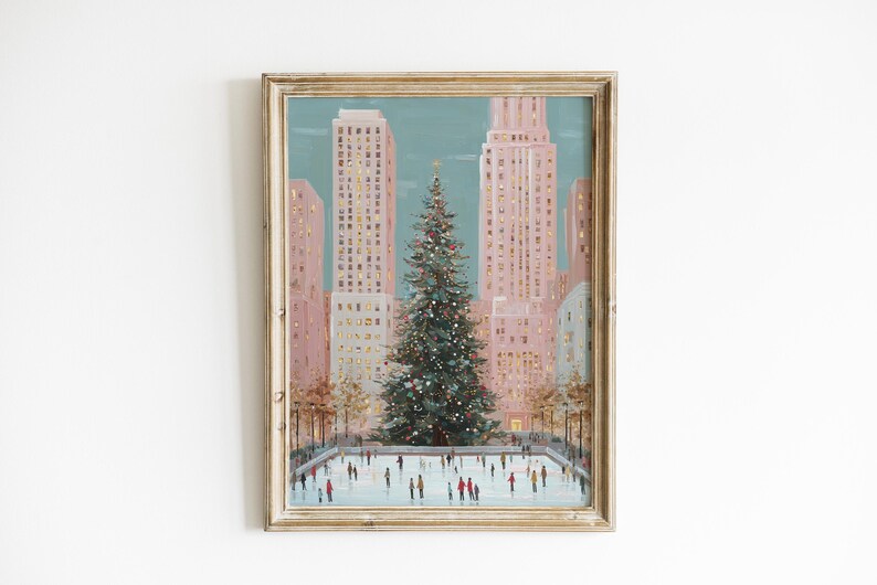 christmas in the city wall art print, rockefeller christmas tree painting, holiday ice skating scene artwork, new york city christmas wall decor, festive winter cityscape art print, christmas tree and ice rink illustration, urban christmas holiday decor print, winter wonderland city wall art, cozy festive city christmas artwork, new york holiday season painting, skating rink christmas tree art print, christmas city skyline wall decor, modern christmas home decor artwork, downtown holiday