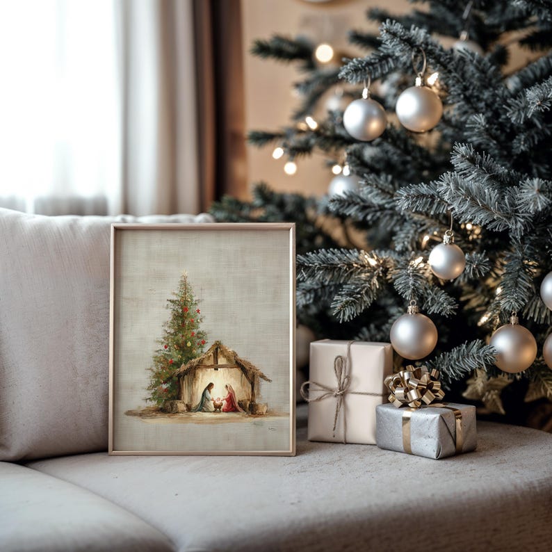 Nativity Scene Wall Art Print – Holy Family Christmas Artwork With Tree ...