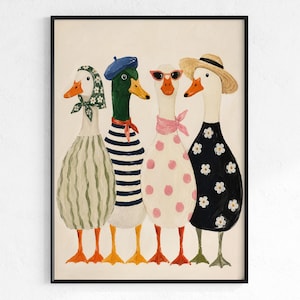 May include: A framed art print featuring four anthropomorphic geese. Each goose is dressed in whimsical outfits, including a striped shirt, a beret, sunglasses, and a straw hat. The geese are depicted in a playful, cartoonish style with bright colors.