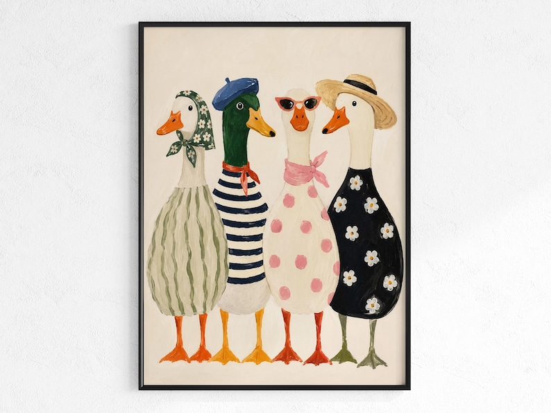 May include: A framed art print featuring four anthropomorphic geese. Each goose is dressed in whimsical outfits, including a striped shirt, a beret, sunglasses, and a straw hat. The geese are depicted in a playful, cartoonish style with bright colors.