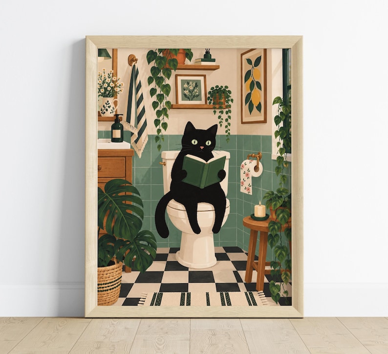 Cat on Toilet Digital Poster, Funny Black Cat Bathroom Wall Art ...
