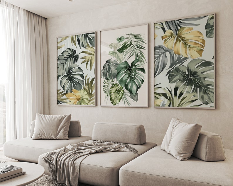 Set of 3 Tropical Leaf Posters, Monstera and Palm Leaves Prints ...