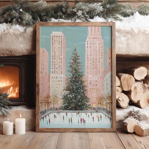 christmas in the city wall art print, rockefeller christmas tree painting, holiday ice skating scene artwork, new york city christmas wall decor, festive winter cityscape art print, christmas tree and ice rink illustration, urban christmas holiday decor print, winter wonderland city wall art, cozy festive city christmas artwork, new york holiday season painting, skating rink christmas tree art print, christmas city skyline wall decor, modern christmas home decor artwork, downtown holiday