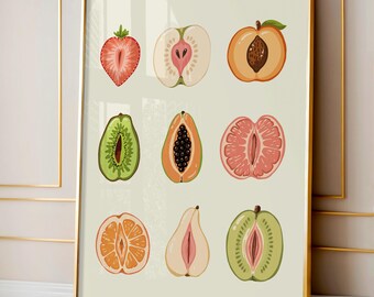 Feminine Sliced Fruit Poster, Vintage Botanical Wall Art Print, Body Positive Kitchen Decor, Colorful Equality Art Poster, DIGITAL ART