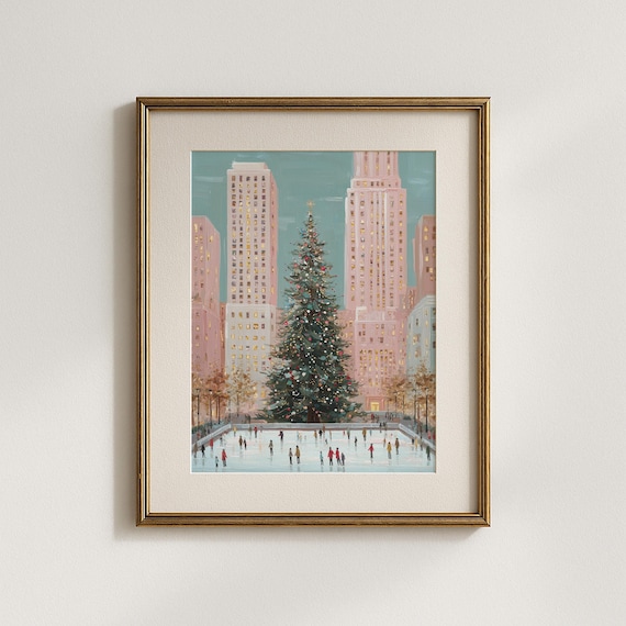 Christmas in the City Wall Art Print – Holiday Ice Skating Scene, Rockefeller Christmas Tree Painting, Festive Winter New York Christmas