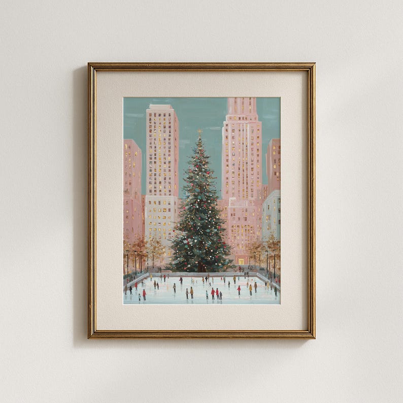 christmas in the city wall art print, rockefeller christmas tree painting, holiday ice skating scene artwork, new york city christmas wall decor, festive winter cityscape art print, christmas tree and ice rink illustration, urban christmas holiday decor print, winter wonderland city wall art, cozy festive city christmas artwork, new york holiday season painting, skating rink christmas tree art print, christmas city skyline wall decor, modern christmas home decor artwork, downtown holiday