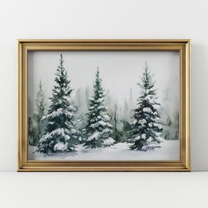 Winter Pine Tree Forest Poster, Watercolor Snowy Landscape Christmas Wall Art, Watercolor Xmas Print, Winter Forest, DIGITAL DOWNLOAD