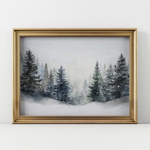 Handpainted Watercolor Snowy Winter Landscape Poster, Christmas Wall Art, Watercolor Xmas Pine Tree Print, Winter Forest, DIGITAL DOWNLOAD