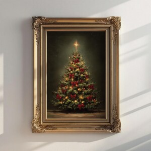 vintage christmas tree print, traditional holiday wall art, classic christmas decor print, festive christmas tree painting, vintage christmas home art, elegant holiday wall decor, red bow christmas tree artwork, cozy christmas wall print, christmas tree oil painting style, nostalgic christmas home decor, christmas tree with lights art, classic festive holiday print, warm christmas living room art, christmas tree illustration wall art, elegant vintage holiday print, winter holiday home decor
