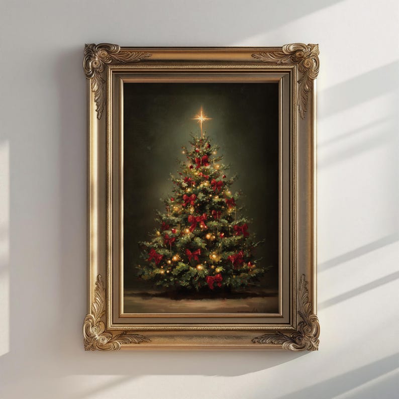 vintage christmas tree print, traditional holiday wall art, classic christmas decor print, festive christmas tree painting, vintage christmas home art, elegant holiday wall decor, red bow christmas tree artwork, cozy christmas wall print, christmas tree oil painting style, nostalgic christmas home decor, christmas tree with lights art, classic festive holiday print, warm christmas living room art, christmas tree illustration wall art, elegant vintage holiday print, winter holiday home decor