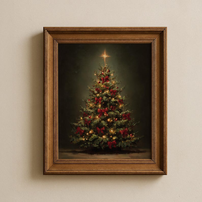 vintage christmas tree print, traditional holiday wall art, classic christmas decor print, festive christmas tree painting, vintage christmas home art, elegant holiday wall decor, red bow christmas tree artwork, cozy christmas wall print, christmas tree oil painting style, nostalgic christmas home decor, christmas tree with lights art, classic festive holiday print, warm christmas living room art, christmas tree illustration wall art, elegant vintage holiday print, winter holiday home decor