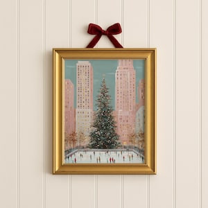 christmas in the city wall art print, rockefeller christmas tree painting, holiday ice skating scene artwork, new york city christmas wall decor, festive winter cityscape art print, christmas tree and ice rink illustration, urban christmas holiday decor print, winter wonderland city wall art, cozy festive city christmas artwork, new york holiday season painting, skating rink christmas tree art print, christmas city skyline wall decor, modern christmas home decor artwork, downtown holiday