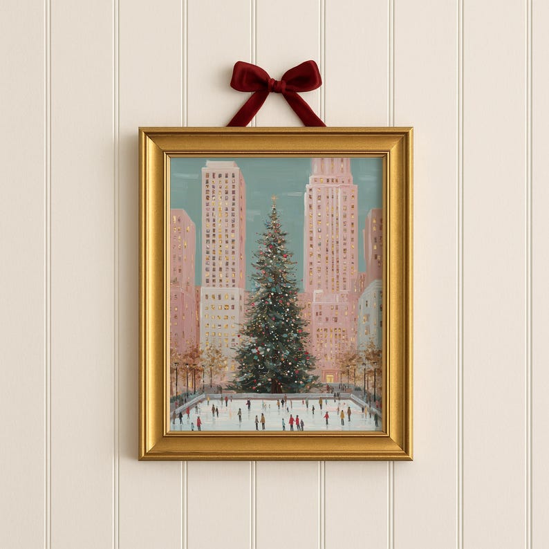 christmas in the city wall art print, rockefeller christmas tree painting, holiday ice skating scene artwork, new york city christmas wall decor, festive winter cityscape art print, christmas tree and ice rink illustration, urban christmas holiday decor print, winter wonderland city wall art, cozy festive city christmas artwork, new york holiday season painting, skating rink christmas tree art print, christmas city skyline wall decor, modern christmas home decor artwork, downtown holiday