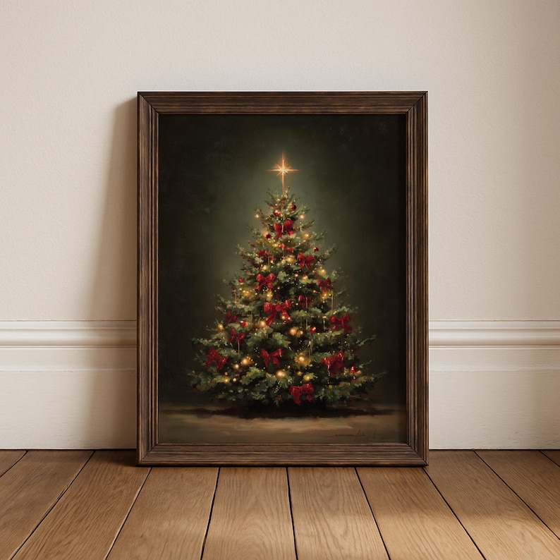 vintage christmas tree print, traditional holiday wall art, classic christmas decor print, festive christmas tree painting, vintage christmas home art, elegant holiday wall decor, red bow christmas tree artwork, cozy christmas wall print, christmas tree oil painting style, nostalgic christmas home decor, christmas tree with lights art, classic festive holiday print, warm christmas living room art, christmas tree illustration wall art, elegant vintage holiday print, winter holiday home decor