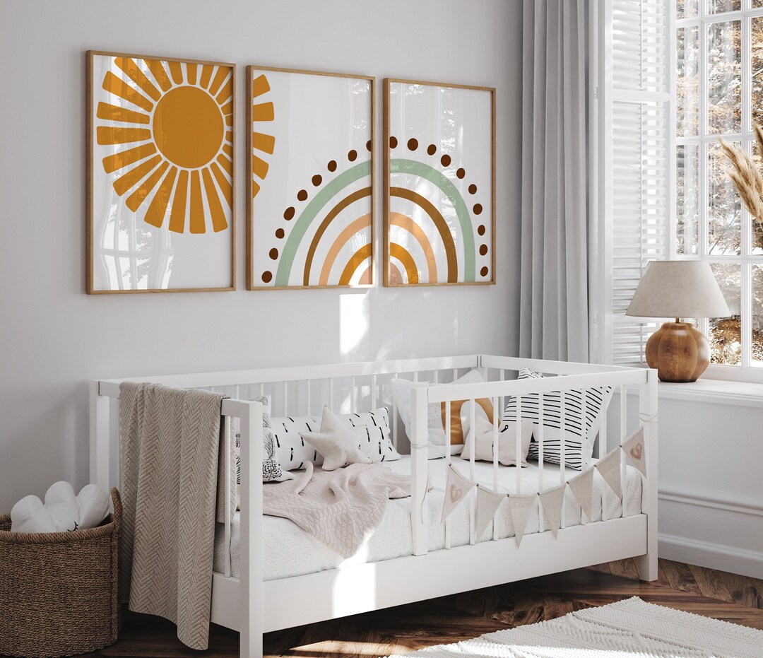 Set of 3 Boho Rainbow Sun Wall Art, Nursery Sunshine Poster, Kid and ...