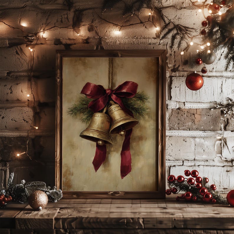 Vintage Christmas Bells Wall Art Print – Elegant Holiday Decor With Red ...