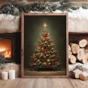 vintage christmas tree print, traditional holiday wall art, classic christmas decor print, festive christmas tree painting, vintage christmas home art, elegant holiday wall decor, red bow christmas tree artwork, cozy christmas wall print, christmas tree oil painting style, nostalgic christmas home decor, christmas tree with lights art, classic festive holiday print, warm christmas living room art, christmas tree illustration wall art, elegant vintage holiday print, winter holiday home decor