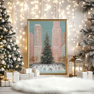 christmas in the city wall art print, rockefeller christmas tree painting, holiday ice skating scene artwork, new york city christmas wall decor, festive winter cityscape art print, christmas tree and ice rink illustration, urban christmas holiday decor print, winter wonderland city wall art, cozy festive city christmas artwork, new york holiday season painting, skating rink christmas tree art print, christmas city skyline wall decor, modern christmas home decor artwork, downtown holiday