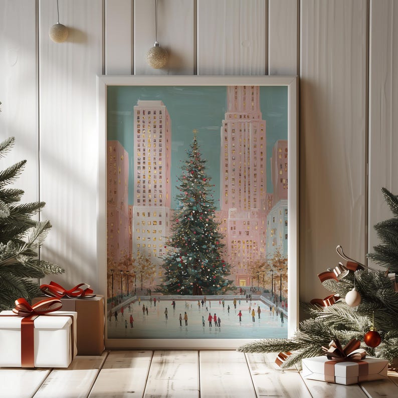 christmas in the city wall art print, rockefeller christmas tree painting, holiday ice skating scene artwork, new york city christmas wall decor, festive winter cityscape art print, christmas tree and ice rink illustration, urban christmas holiday decor print, winter wonderland city wall art, cozy festive city christmas artwork, new york holiday season painting, skating rink christmas tree art print, christmas city skyline wall decor, modern christmas home decor artwork, downtown holiday