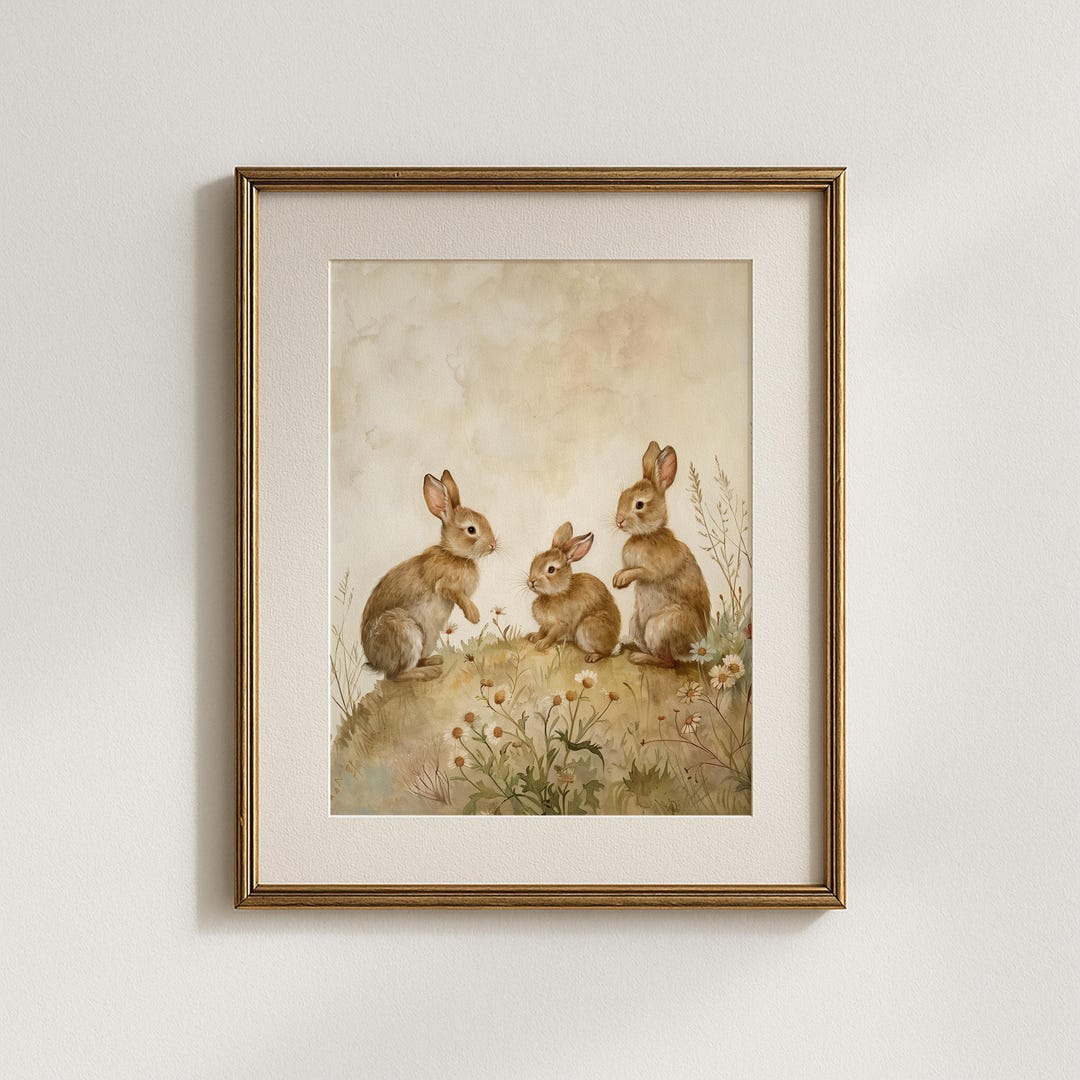 Vintage Bunny Wall Art Print, Woodland Easter Rabbit Nursery Decor ...
