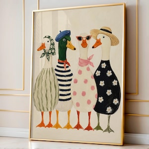 May include: A framed art print featuring four anthropomorphic geese. Each goose is dressed in unique attire, including a striped shirt, beret, sunglasses, and a straw hat. The geese are depicted in a whimsical, colorful style, with a cream-colored background.