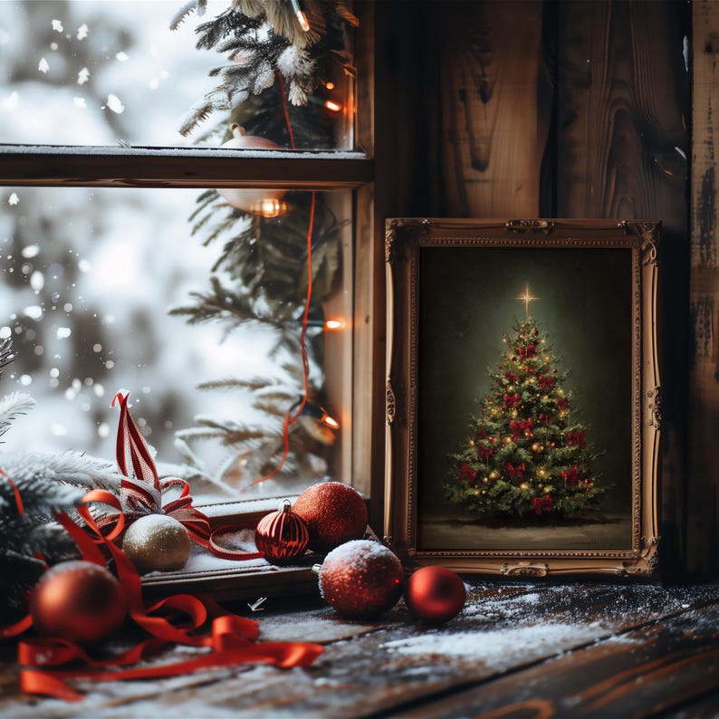 vintage christmas tree print, traditional holiday wall art, classic christmas decor print, festive christmas tree painting, vintage christmas home art, elegant holiday wall decor, red bow christmas tree artwork, cozy christmas wall print, christmas tree oil painting style, nostalgic christmas home decor, christmas tree with lights art, classic festive holiday print, warm christmas living room art, christmas tree illustration wall art, elegant vintage holiday print, winter holiday home decor