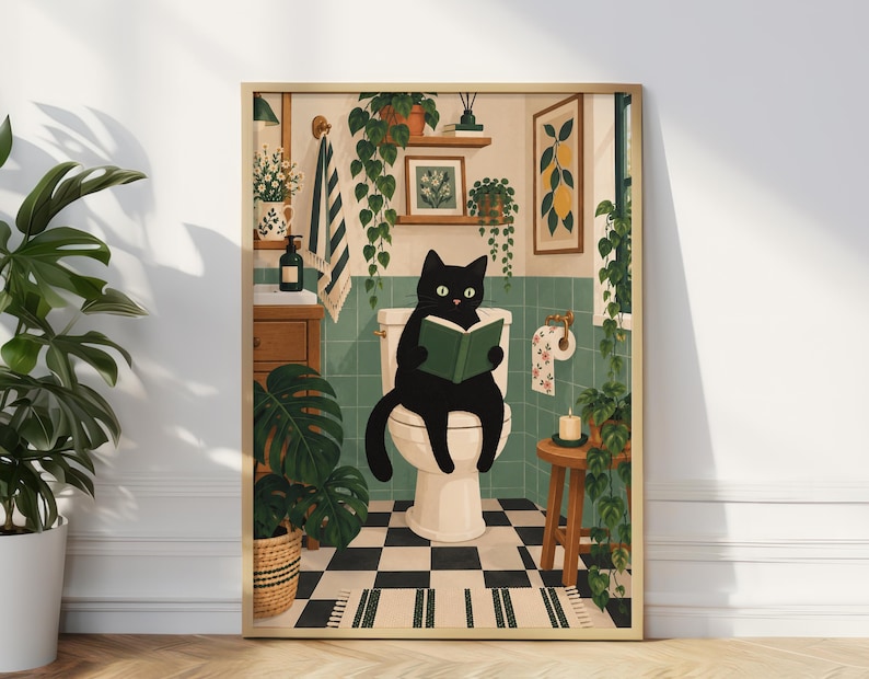 Cat on Toilet Digital Poster, Funny Black Cat Bathroom Wall Art ...