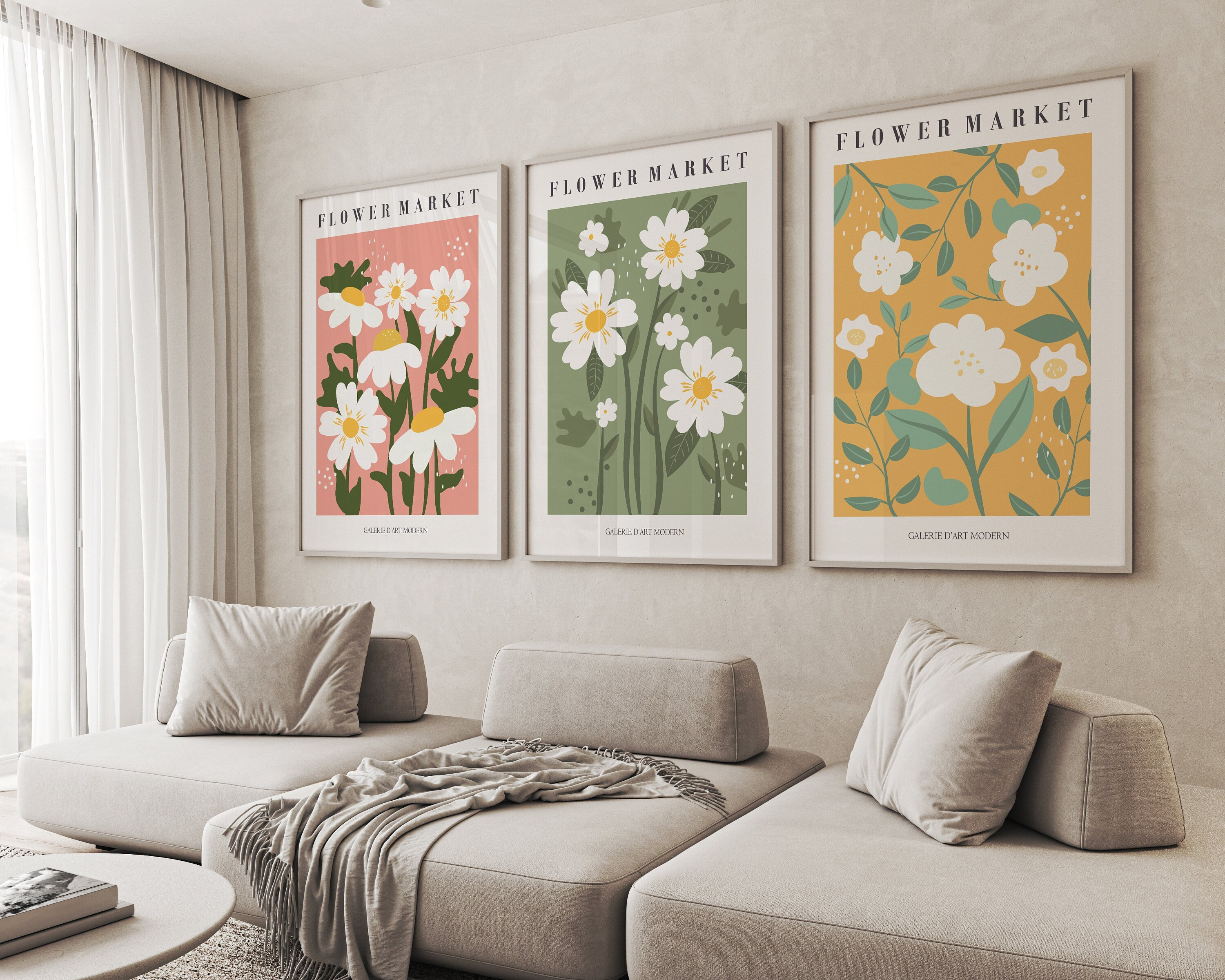 Set of 3 Daisy Flower Market Prints, Botanical Illustration