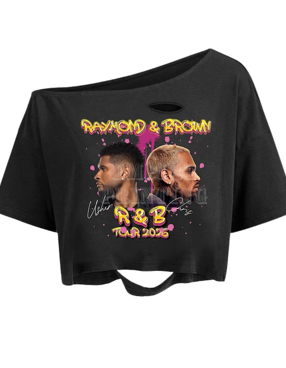 Chris and Usher Crop Off the Shoulder ripped shirt, R and B Merch, Raymond and Brown gift, Gifts for her, Chris Brown Shirt, Usher Shirt