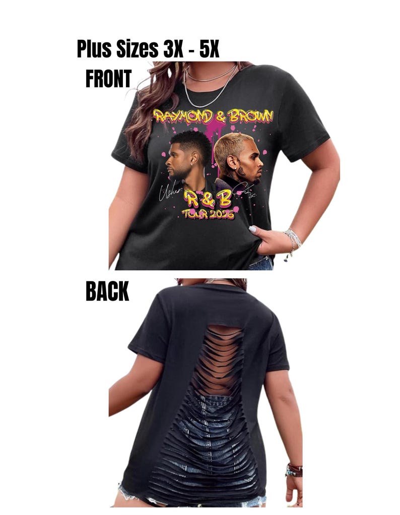 Puede incluir: Camiseta negra con un gr&aacute;fico de Usher y Chris Brown, con el texto "Raymond & Brown R&B Tour 2026." La parte trasera de la camiseta tiene un dise&ntilde;o rasgado. Disponible en tallas grandes 3X-5X.
