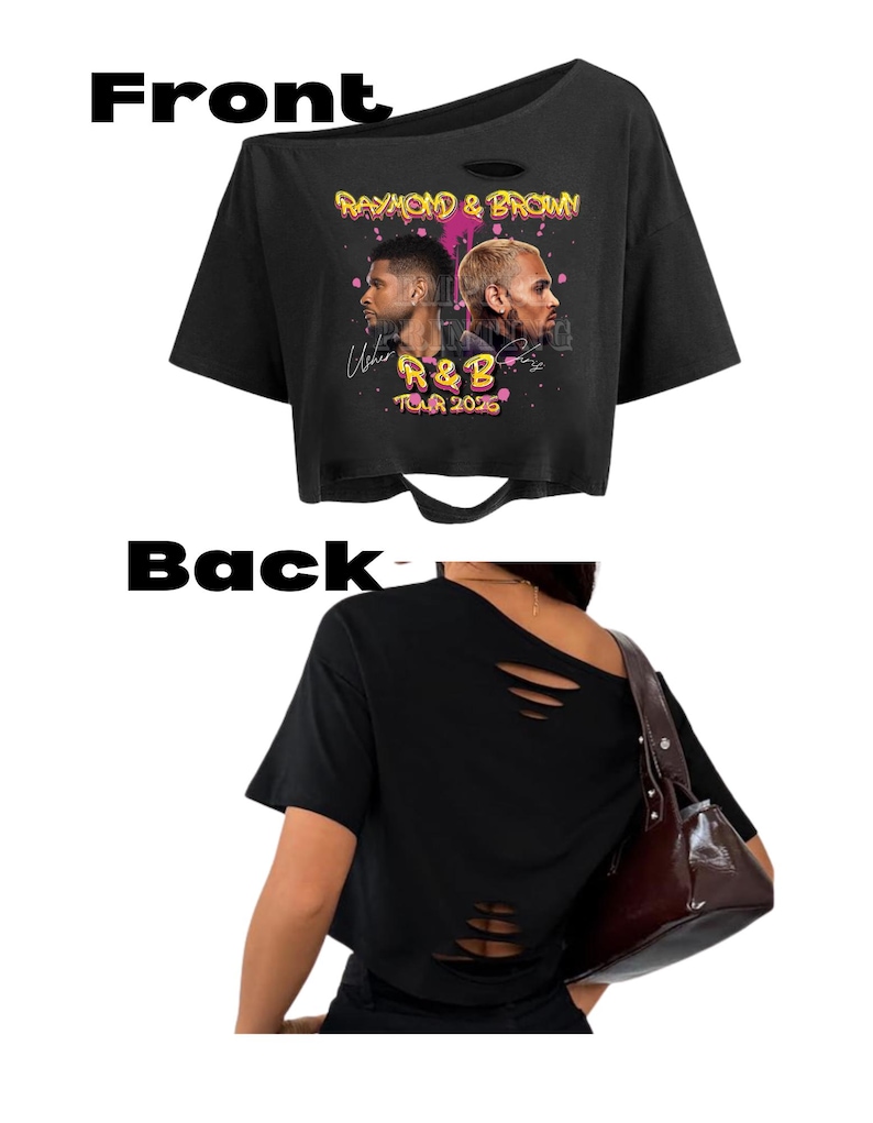 Puede incluir: Top corto negro con dise&ntilde;o desgastado. La parte delantera presenta un gr&aacute;fico de dos hombres con el texto "RAYMOND & BROWN" y "R&B TOUR 2026". La parte trasera de la camiseta tambi&eacute;n tiene un dise&ntilde;o desgastado.
