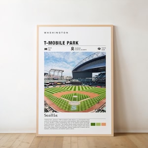 May include: A poster with a white background and black text that reads "WASHINGTON T-MOBILE PARK Seattle". The poster features a photo of a baseball stadium with a green field and a large, white roof.