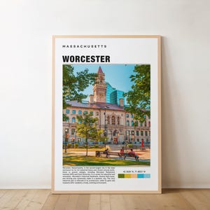 Impressão de Worcester - Cartaz de viagem, arte de Massachusetts, cidade histórica, marcos culturais, vistas panorâmicas, cultura vibrante, charme da Nova Inglaterra