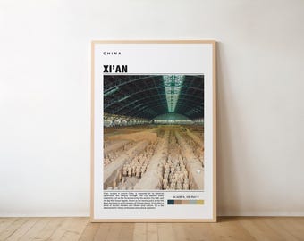 May include: A framed poster with a black and white photo of the Terracotta Army in Xi'an, China. The poster has the text "CHINA XI'AN" at the top and a description of the location at the bottom.