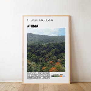 May include: A framed print with the text "TRINIDAD AND TOBAGO" and "ARIMA" above a photograph of a dense, green forest under a cloudy sky. The print is in a light-coloured wooden frame and is displayed on a white wall.