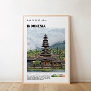 Puede incluir: Un póster con una foto de un templo balinés tradicional, el Pura Ulun Danu Bratan, en Indonesia. El póster tiene el texto "Sureste Asiático" e "INDONESIA" en texto negro. El póster también incluye las coordenadas "8.2887° S, 115.0817° E" y una paleta de colores.