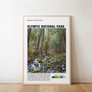 Póster del Parque Nacional Olímpico, póster olímpico, póster de Washington, ilustración artística, póster de viajes naturales, arte mural, arte minimalista olímpico