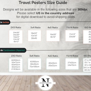May include: A chart showing the different sizes available for travel posters in inches and centimeters. The chart is divided into five columns: 2x3 Ratio, 3x4 Ratio, 4x5 Ratio, 11x14 Ratio, and ISO Papers. The chart includes the dimensions for each size in both inches and centimeters. The chart also includes the text "Please select US in the country address for digital download to avoid shipping costs."