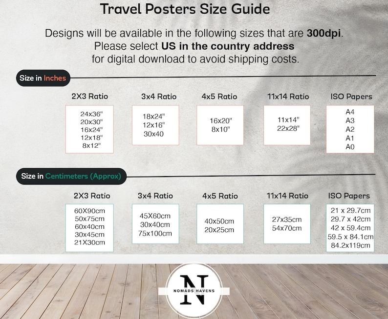 May include: A chart showing the different sizes available for travel posters in inches and centimeters. The chart is divided into five columns: 2x3 Ratio, 3x4 Ratio, 4x5 Ratio, 11x14 Ratio, and ISO Papers. The chart includes the dimensions for each size in both inches and centimeters. The chart also includes the text "Please select US in the country address for digital download to avoid shipping costs."