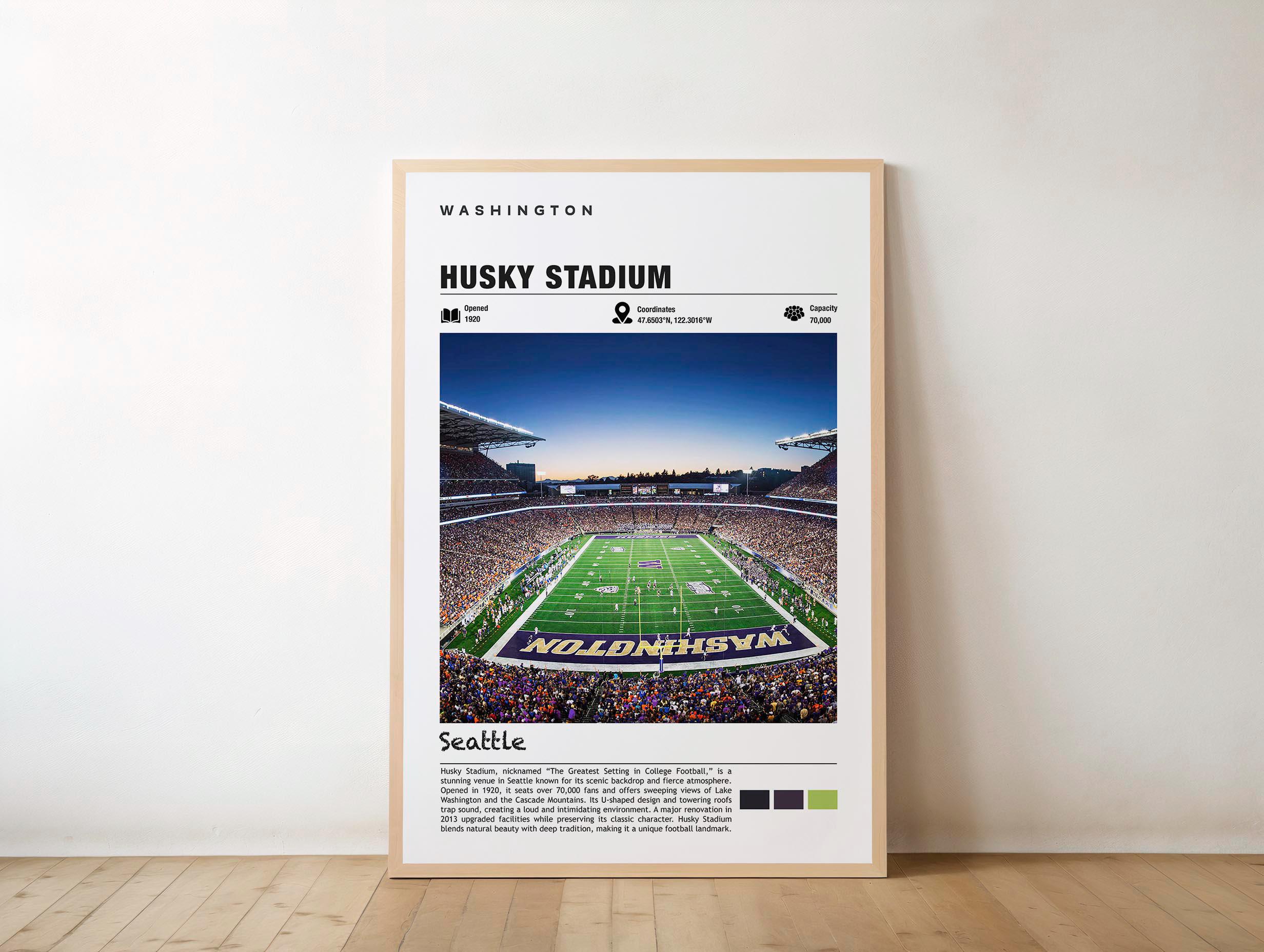 Husky Stadium Poster - Washington Poster, Aussicht auf Washington, Stadion Kunst, Urbaner Charme, Football Arena, Sportstätte, Wahrzeichen der Stadt,Seattle Poster