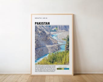 May include: A poster with a photo of a river winding through a mountain valley in Pakistan. The poster has the text "SOUTH ASIA" and "PAKISTAN" in black text. The poster also includes a color key with three colors and the coordinates "35.2975° N, 69.5401° E".