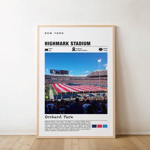 Può includere: Un poster con una foto di uno stadio con una grande bandiera americana drappeggiata sui sedili. Il poster è intitolato "Highmark Stadium" e include il testo "Orchard Park" e "New York".
