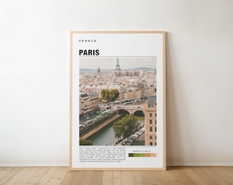 May include: A framed print with a photograph of the Paris skyline, including the Eiffel Tower. The print has the text "FRANCE" and "PARIS" in black text. The print also includes a small color palette with four colors.