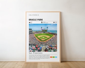 May include: A poster with a photo of Oracle Park, a baseball stadium in San Francisco, California. The poster has the text "CALIFORNIA" and "ORACLE PARK & San Francisco" in black text. The poster also includes the stadium's coordinates and capacity.