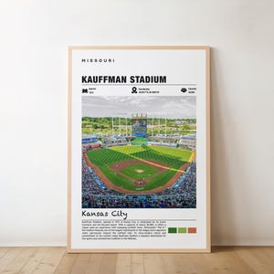 Könnte beinhalten: Ein gerahmter Druck mit dem Kauffman Stadium in Kansas City, Missouri. Das Bild zeigt das Baseballstadion mit einem grünen Feld, Sitzplätzen und dem Text "Kauffman Stadium". Der Druck enthält die Koordinaten und die Kapazität des Stadions.
